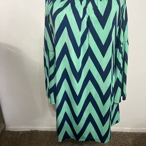Cczanna, Women Plus Size 1x 2x Chevron Navy- Teal Tunic Top Dress